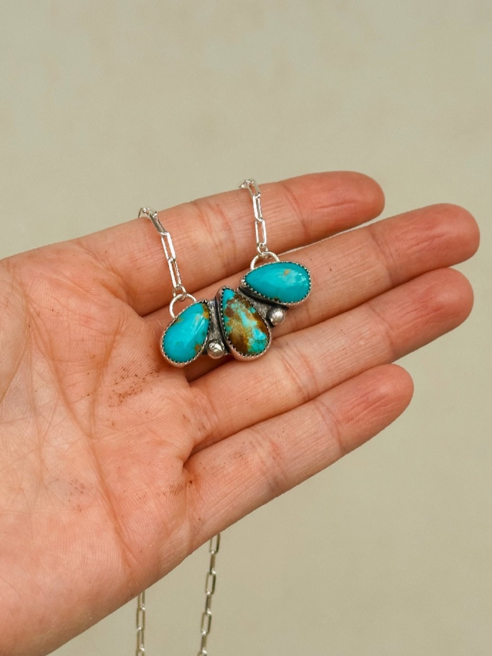 Royston Turquoise Three Stone Necklace Sterling Silver Handmade- Style 2